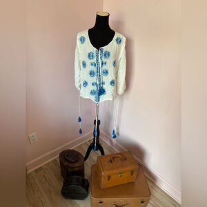 Fillyboo Cream and Blue Embroidered Peasant Blouse